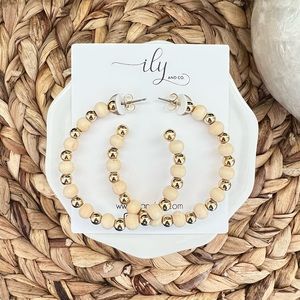 New Beaded Hoop Earrings | Wood and Gold | Boutique | Lightweight | Neutral Boho